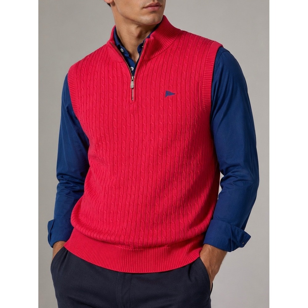 Oxford Golf Mens Red Cable Knit Quarter Zip Cotton Sweater Vest Size Medium‎